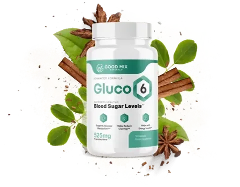 Gluco6 supplement bottle, a 525 mg proprietary blend positioned for glucose metabolism support