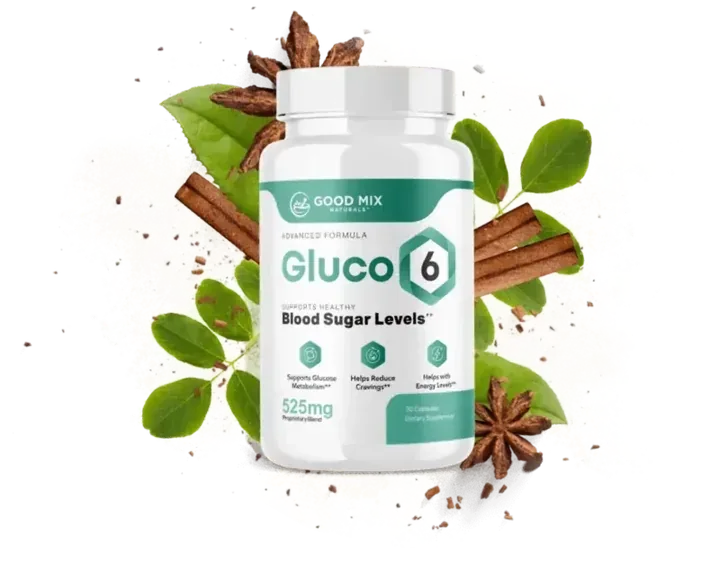 Gluco6 supplement bottle, a 30-capsule 525 mg proprietary blend for blood sugar support