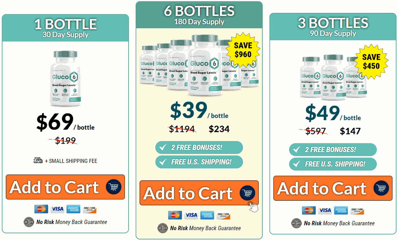 Gluco6 package options: 1 bottle, 3 bottles, or 6 bottles, each with free U.S. shipping and a 60-day money-back guarantee