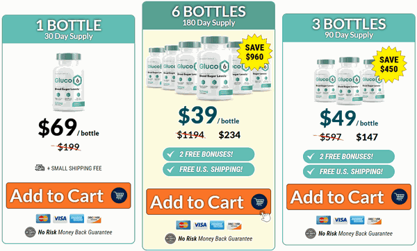 Gluco6 package options: 1 bottle, 3 bottles, or 6 bottles, each with free U.S. shipping and a 60-day money-back guarantee